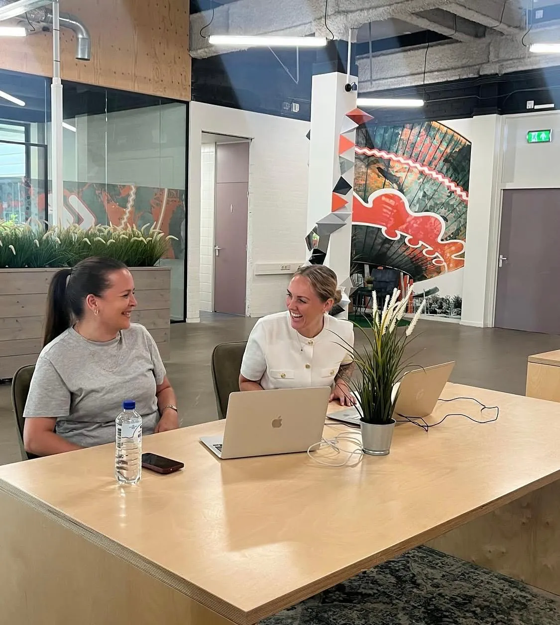 Twee collega's overleggen achter een laptop